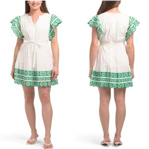 Adelyn Rae Nuelle White/ Green Embroidered Ruffle Mini Dress